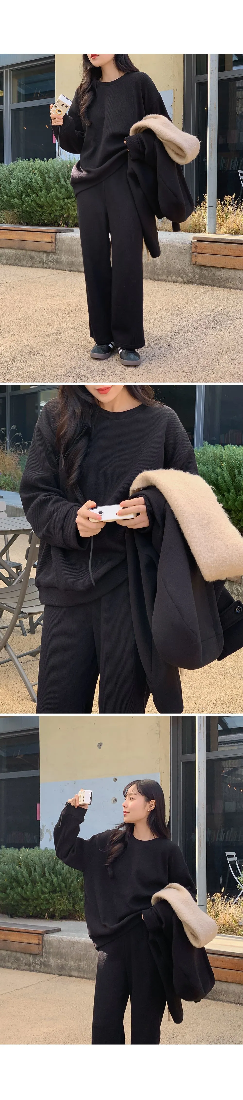 피플즈_세트2 골지니트+밴딩와이드팬츠set