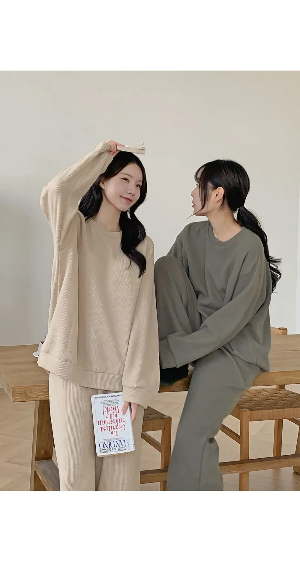 피플즈_세트2 골지니트+밴딩와이드팬츠set