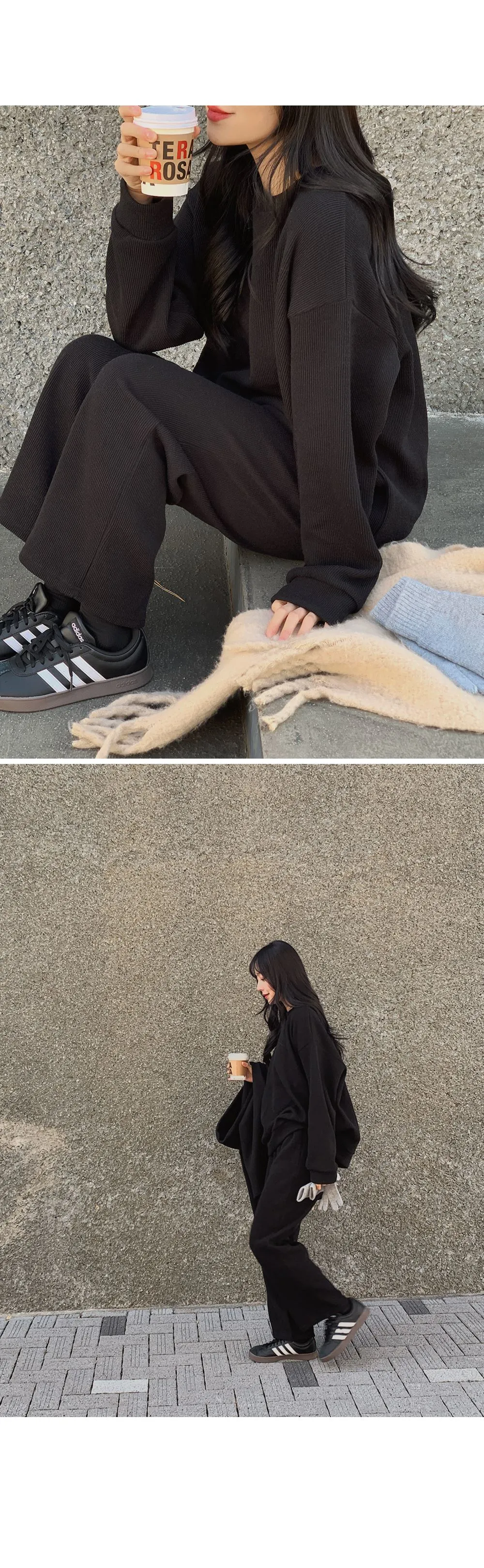 피플즈_세트2 골지니트+밴딩와이드팬츠set