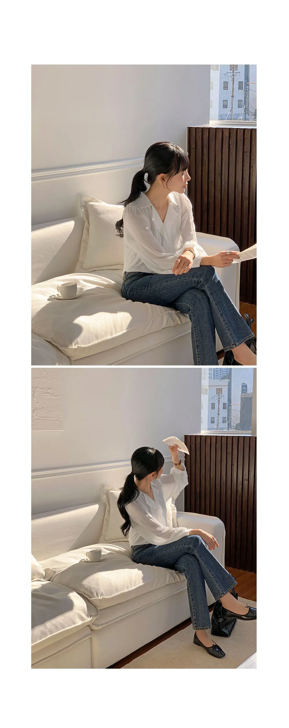 힐즈 오픈카라 쉬폰 블라우스