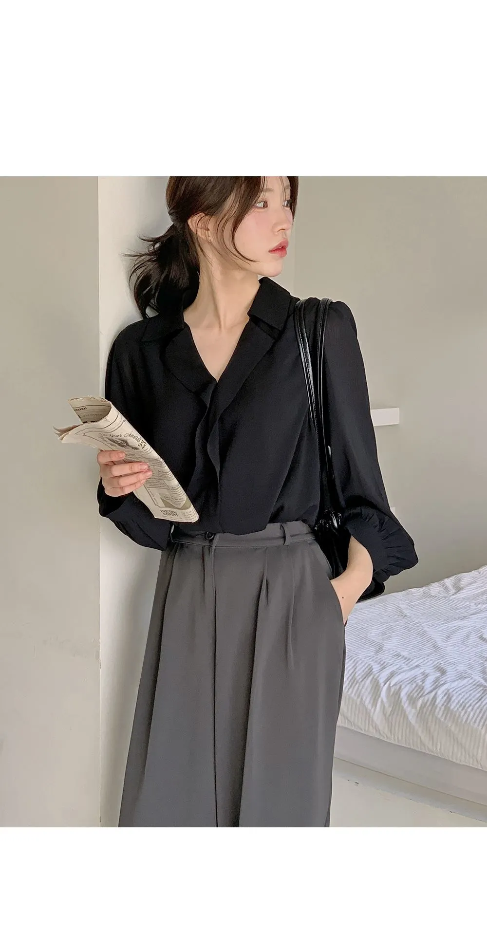 힐즈 오픈카라 쉬폰 블라우스