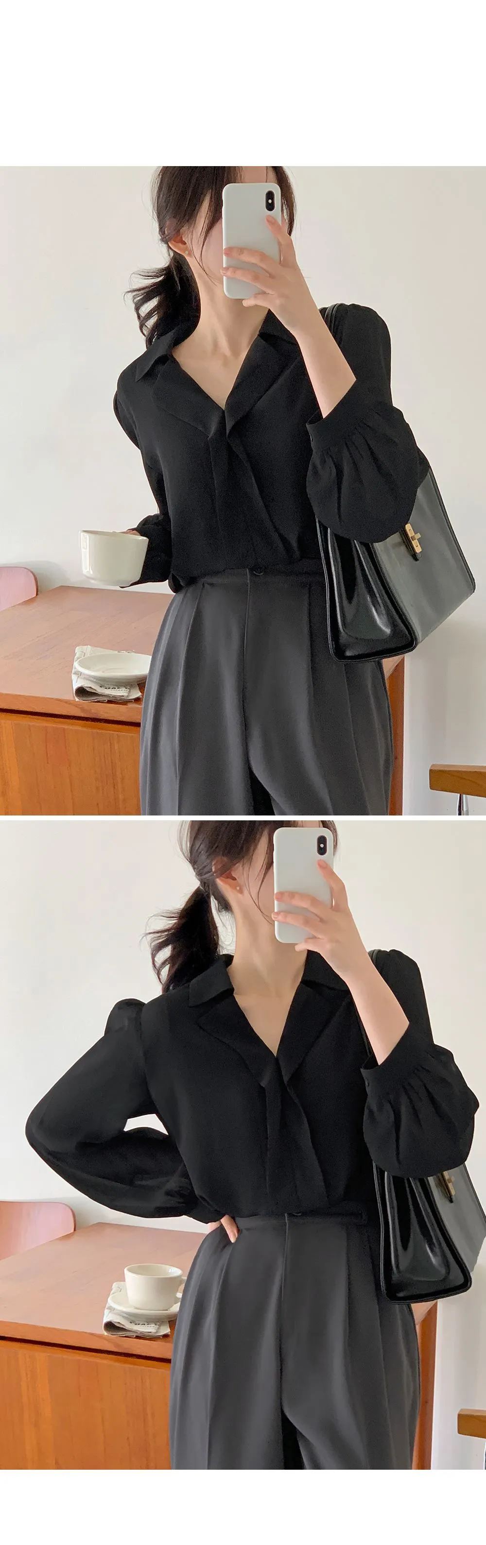 힐즈 오픈카라 쉬폰 블라우스