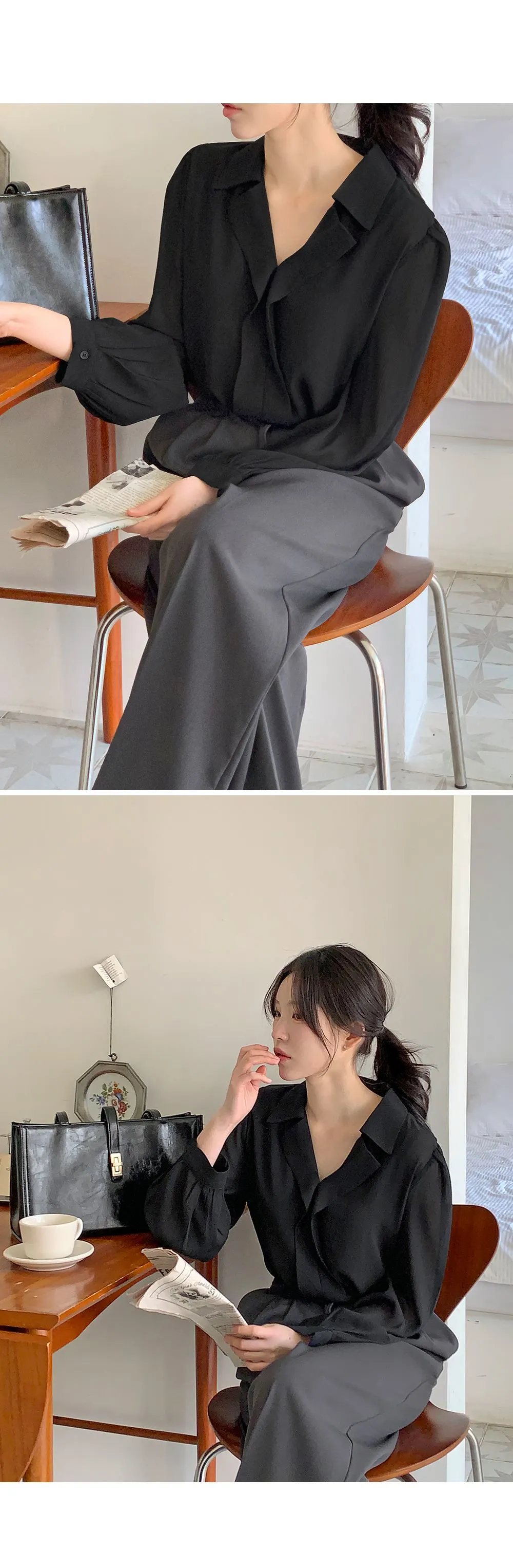 힐즈 오픈카라 쉬폰 블라우스