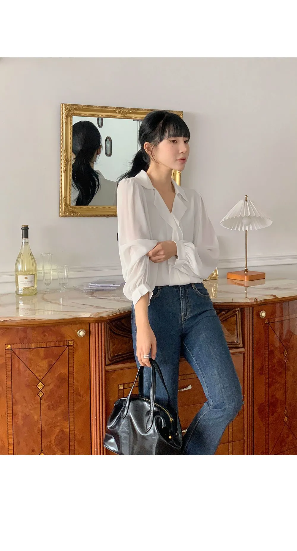 힐즈 오픈카라 쉬폰 블라우스