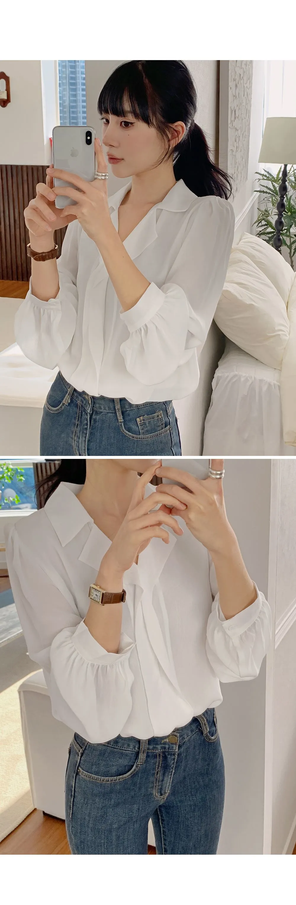 힐즈 오픈카라 쉬폰 블라우스
