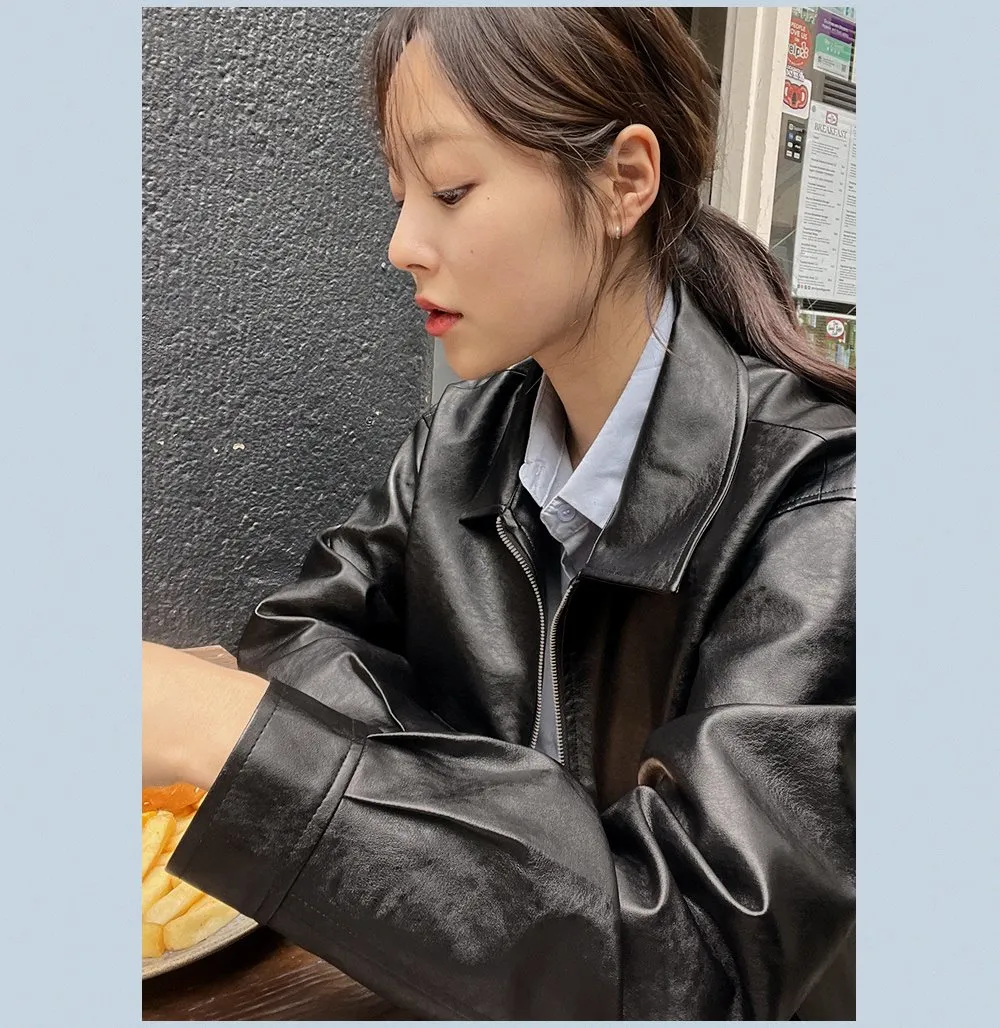 [LOVB] L-1418 카라넥 포켓 가죽 집업자켓