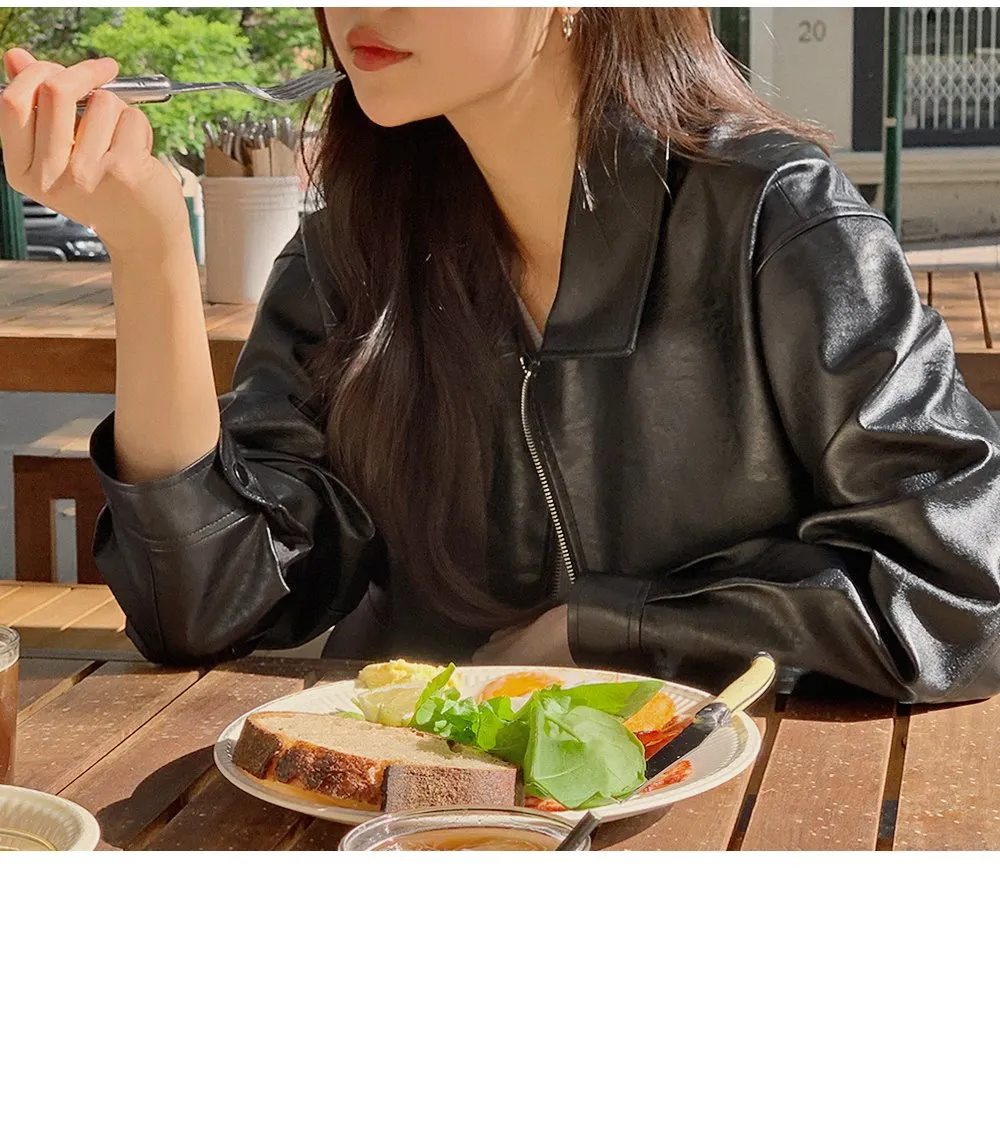 [LOVB] L-1418 카라넥 포켓 가죽 집업자켓
