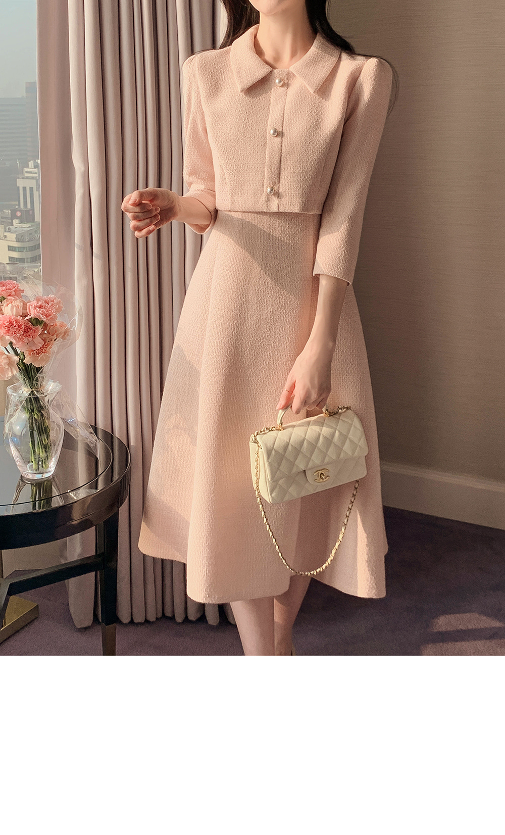 オリジナル]カラーネックツーピース風ツイードAラインワンピース