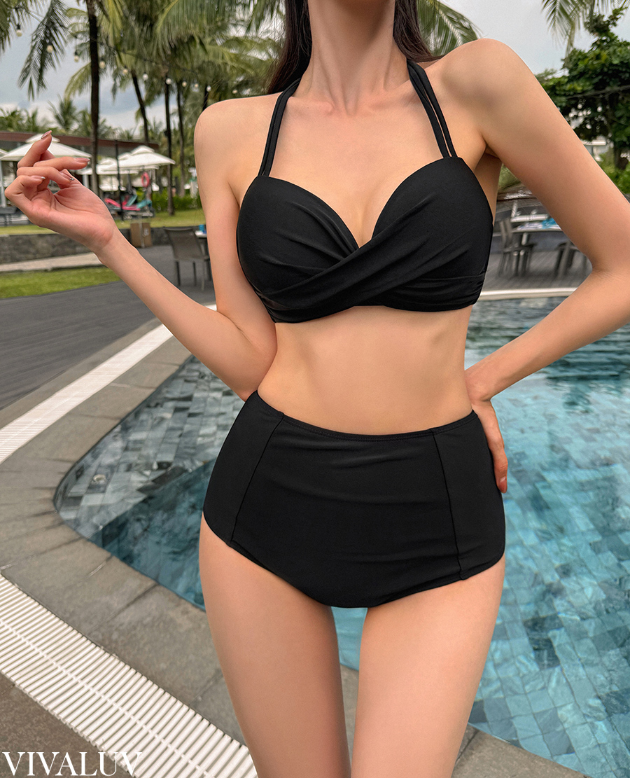 Cupshe★ボタニカル シャーリング ホルター ハイウエスト ビキニ 水着 ホルターネック サイドシャーリング ハイウエストビキニ