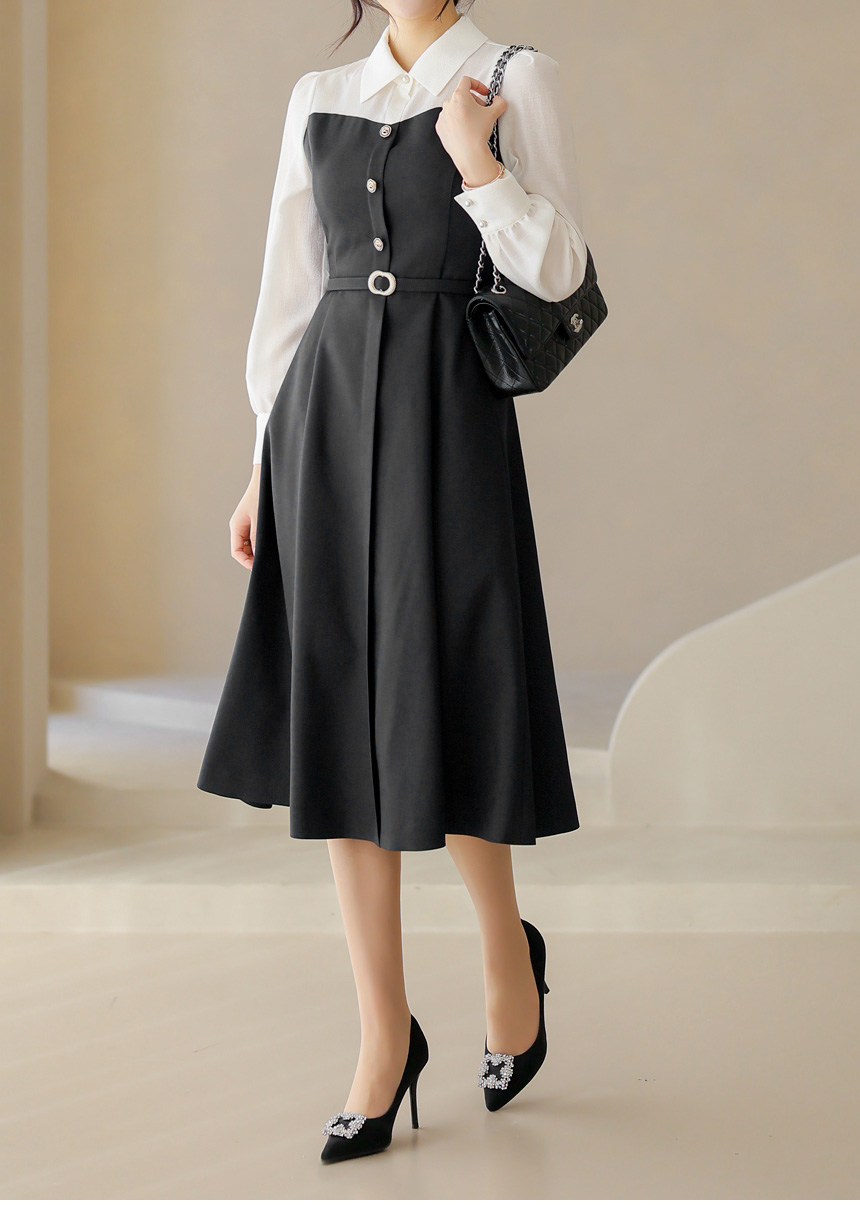 TO BE CHIC リボンベルト ひざ丈 フレアワンピース 黒 2XL 美品 ベルト&リボン付配色ワンピース | レディースファッション通販 - DHOLIC
