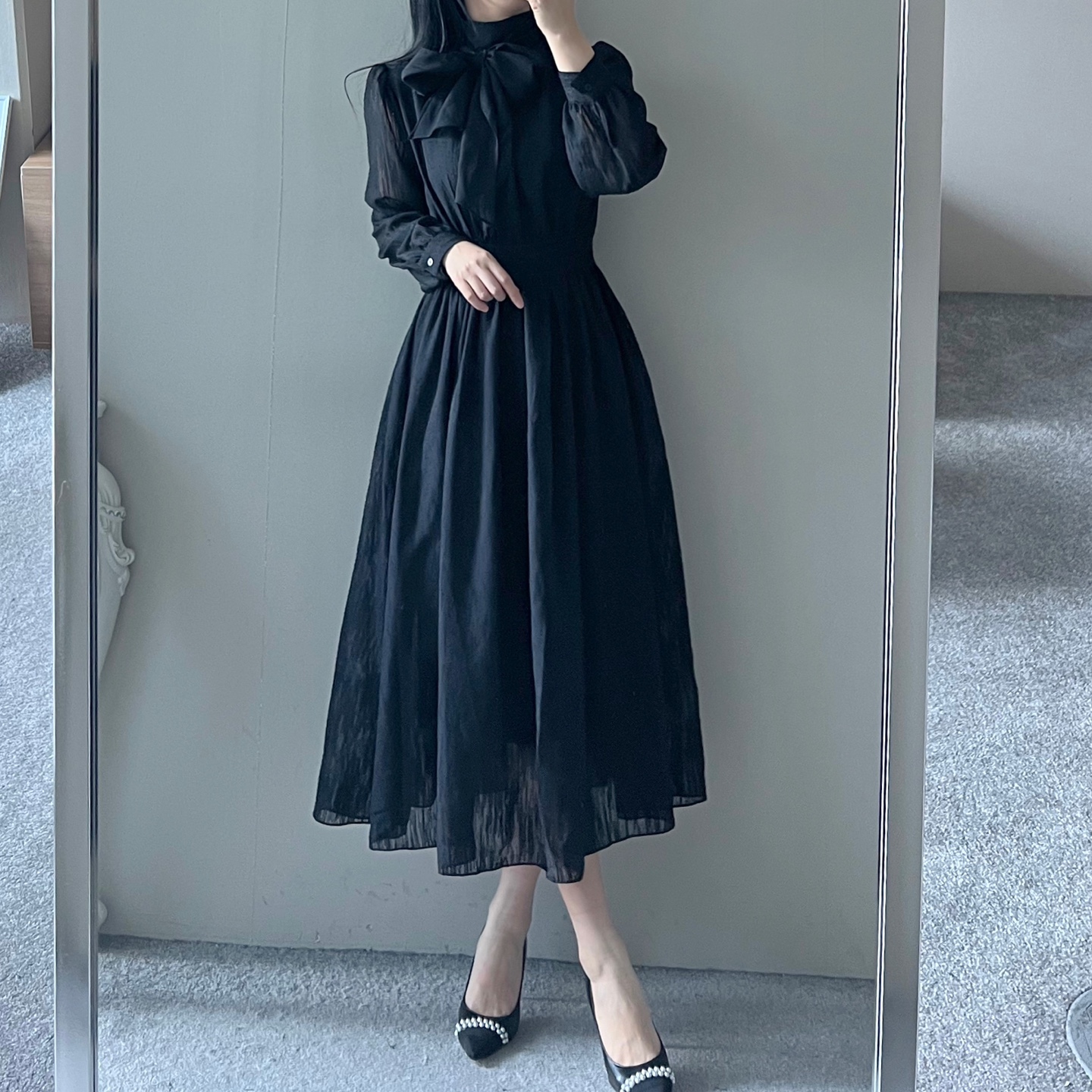 ハイネックシフォンフレアワンピース シフォンシャーリングハイネック フレア ロング 結婚式