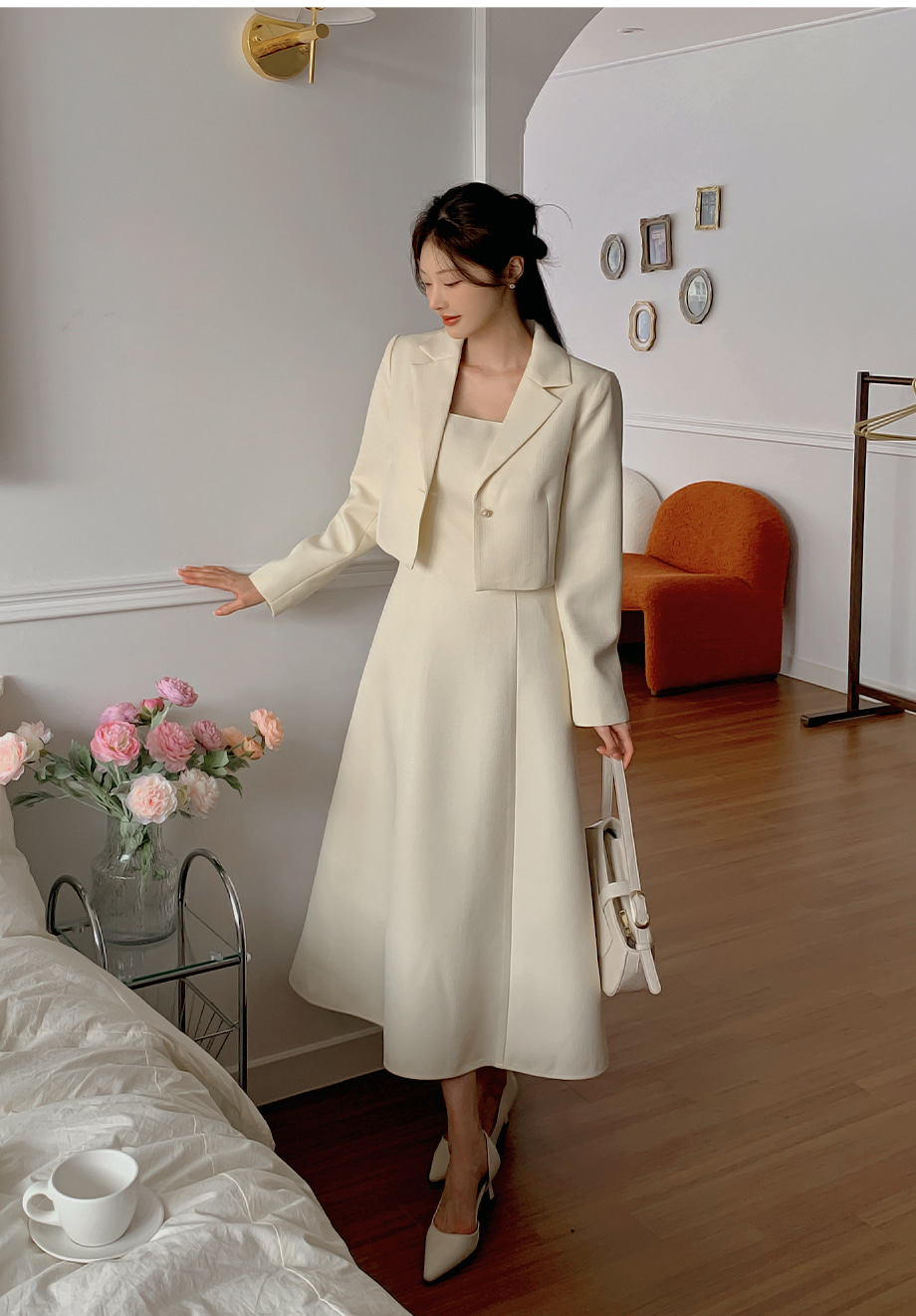 ツイードショートジャケット&スクエアノースリフレアワンピースSET