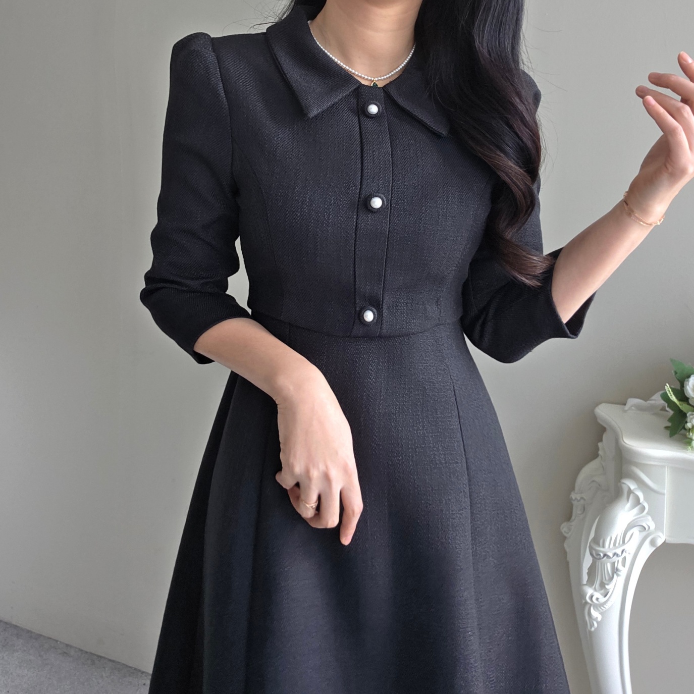 パール調ボタンカラー7分袖ツイードAラインワンピース | レディース