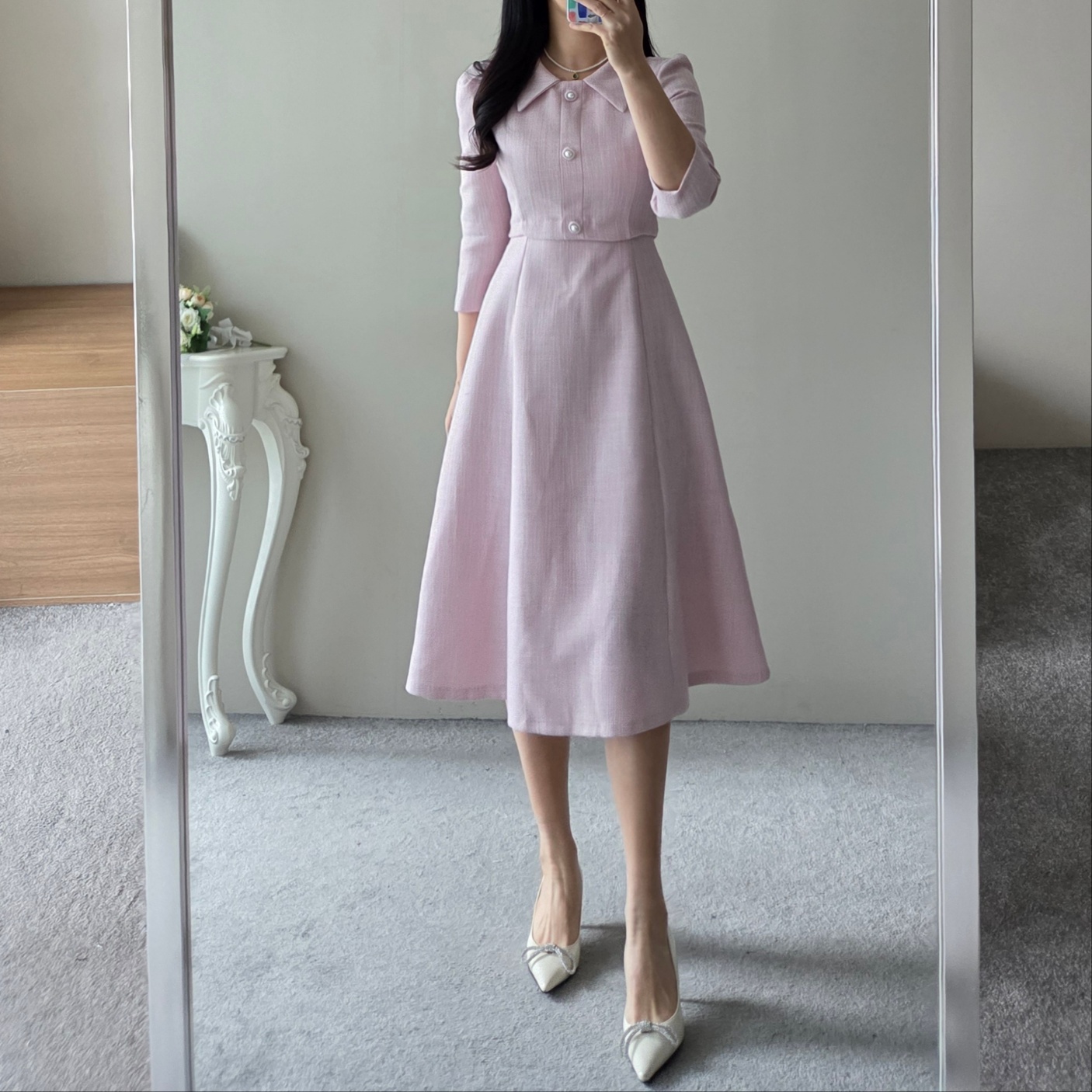 パール調ボタンカラー7分袖ツイードAラインワンピース | レディース