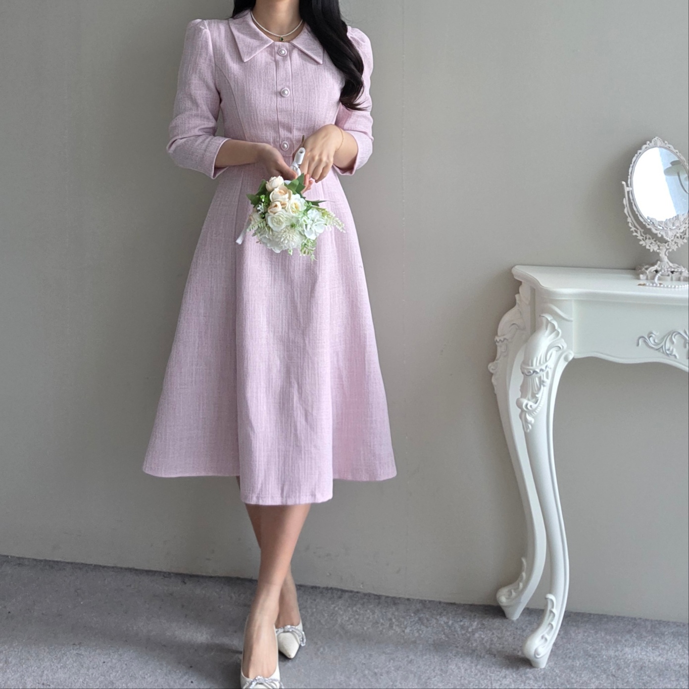 パール調ボタンカラー7分袖ツイードAラインワンピース | レディース