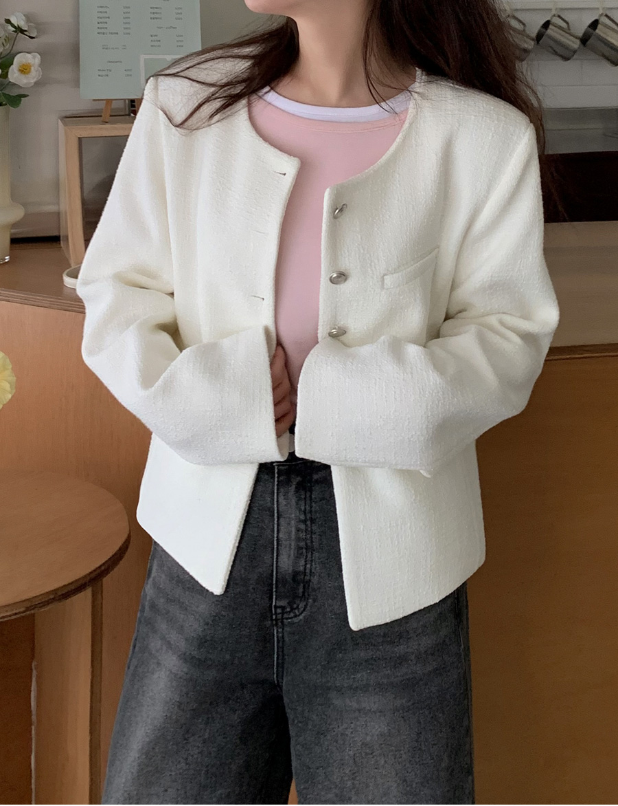 美品・24年モデル✨セオリー ツイードノーカラージャケット シルバーボタン 白 シルバーボタンスリットツイードジャケット | レディースファッション