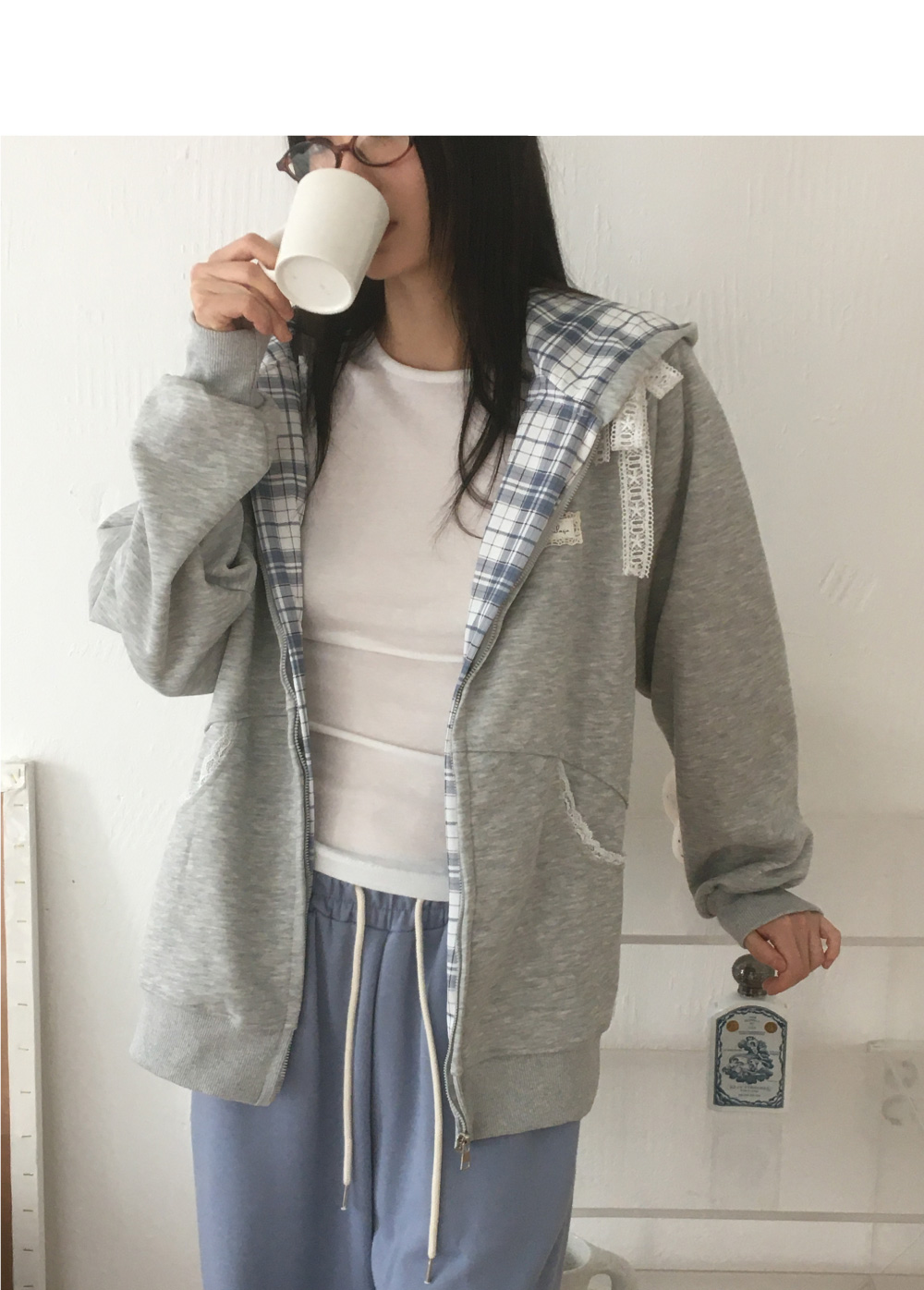 チェック裏地レースリボンジップパーカー | レディースファッション