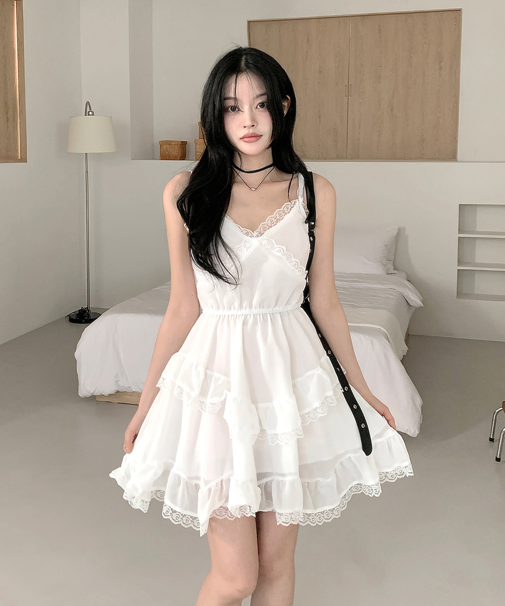 ティアード☆ワンピース ミディ Vネック 透け感 シフォン レース Vネックレースティアードシフォンキャミワンピース | レディース