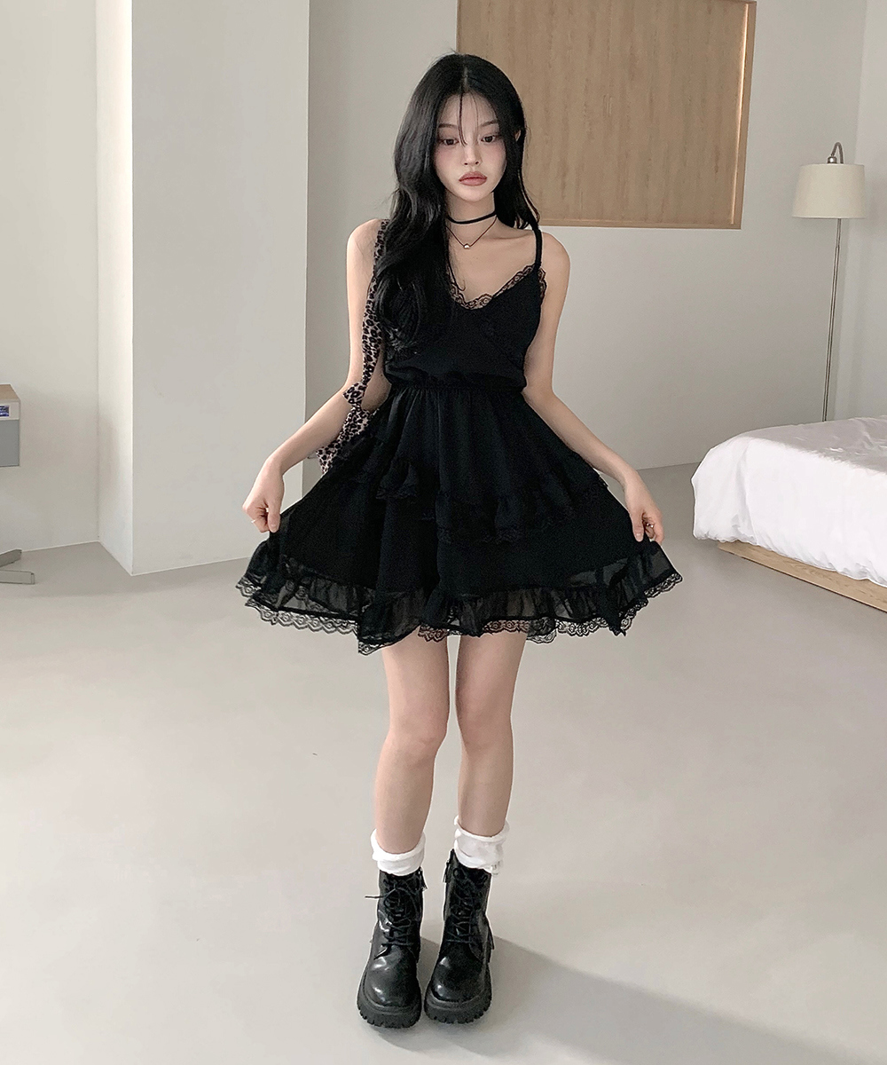 ティアード☆ワンピース ミディ Vネック 透け感 シフォン レース Vネックレースティアードシフォンキャミワンピース | レディース