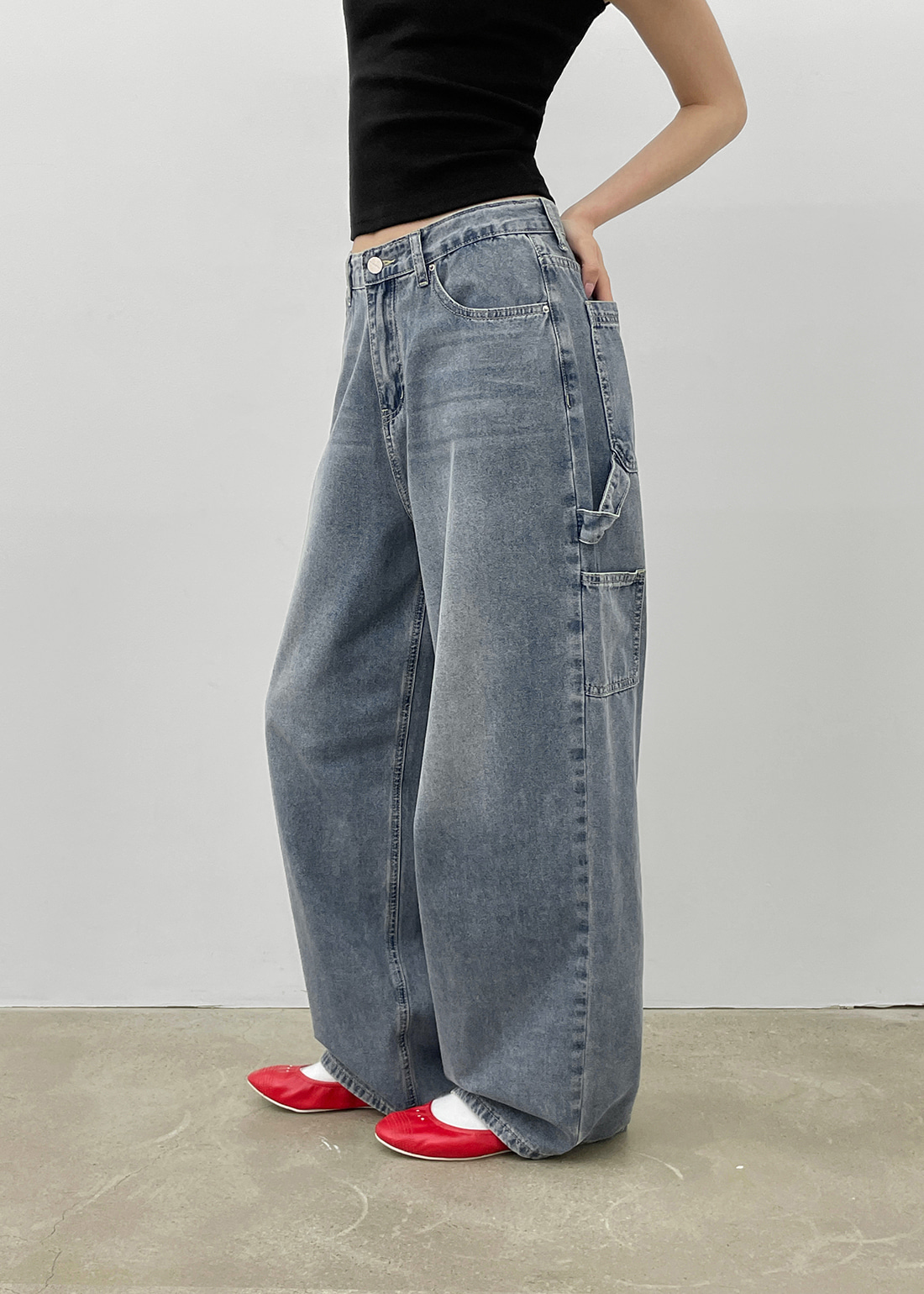 カーペンターセミワイドデニムパンツ (M/L) 2色 O4543 カーペンターワイドデニムパンツ | レディースファッション通販