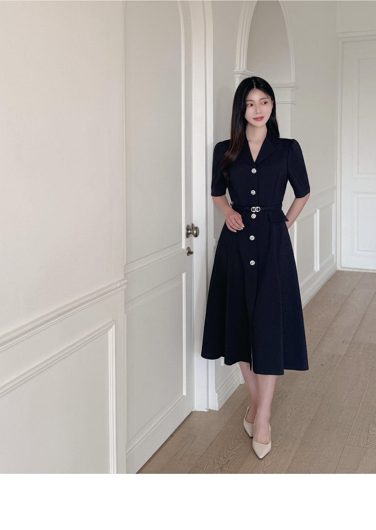 ベルト付シルバーボタンツイードフレアワンピース | レディース