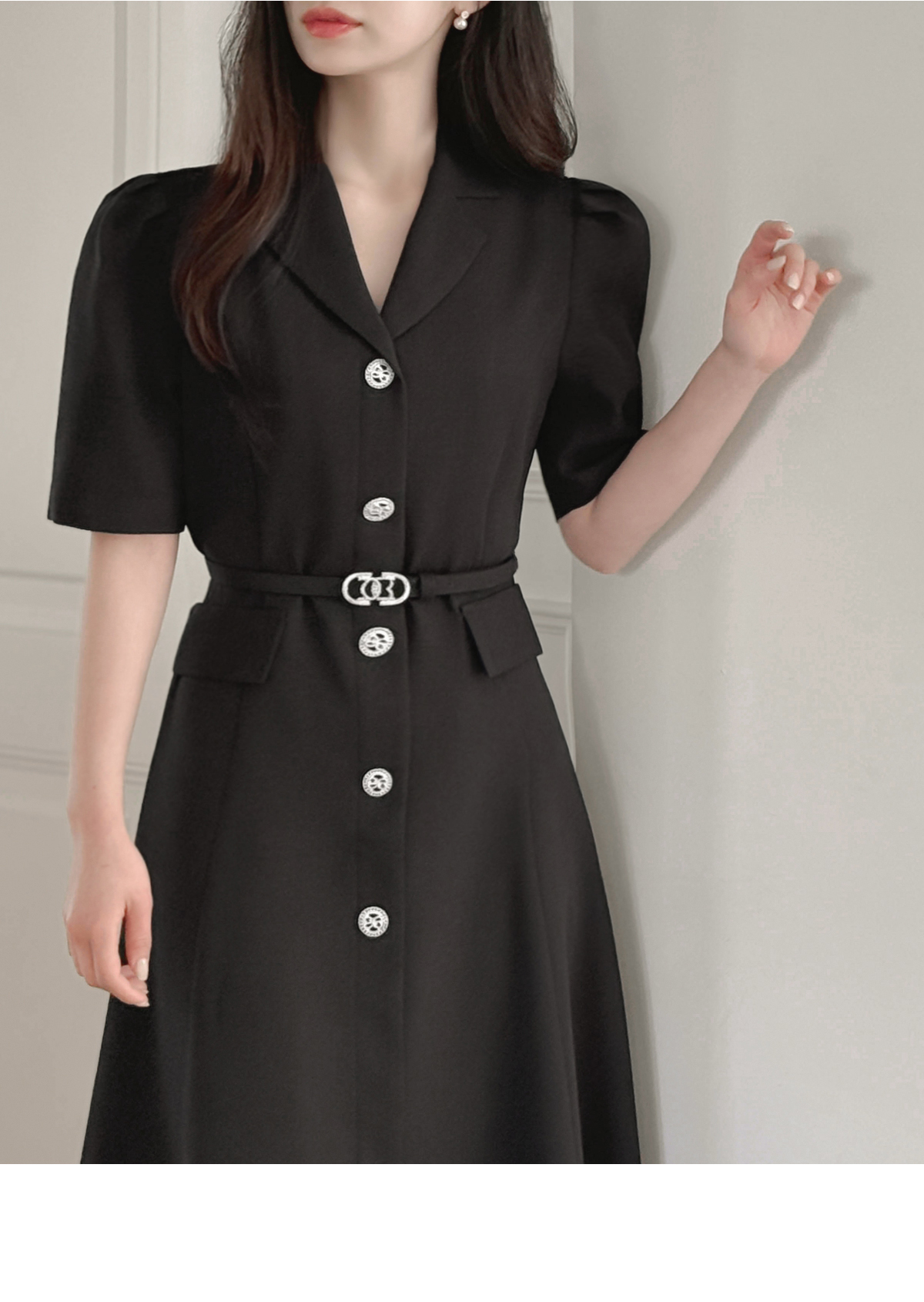 ベルト付シルバーボタンツイードフレアワンピース | レディース