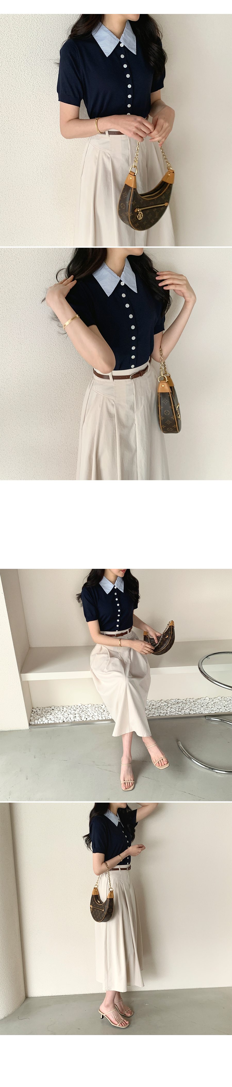 【boohoo】ストライプ 半袖 ニット ボタン シャツ カーディガン ストライプシャツカラー半袖ニットカーディガン | レディース