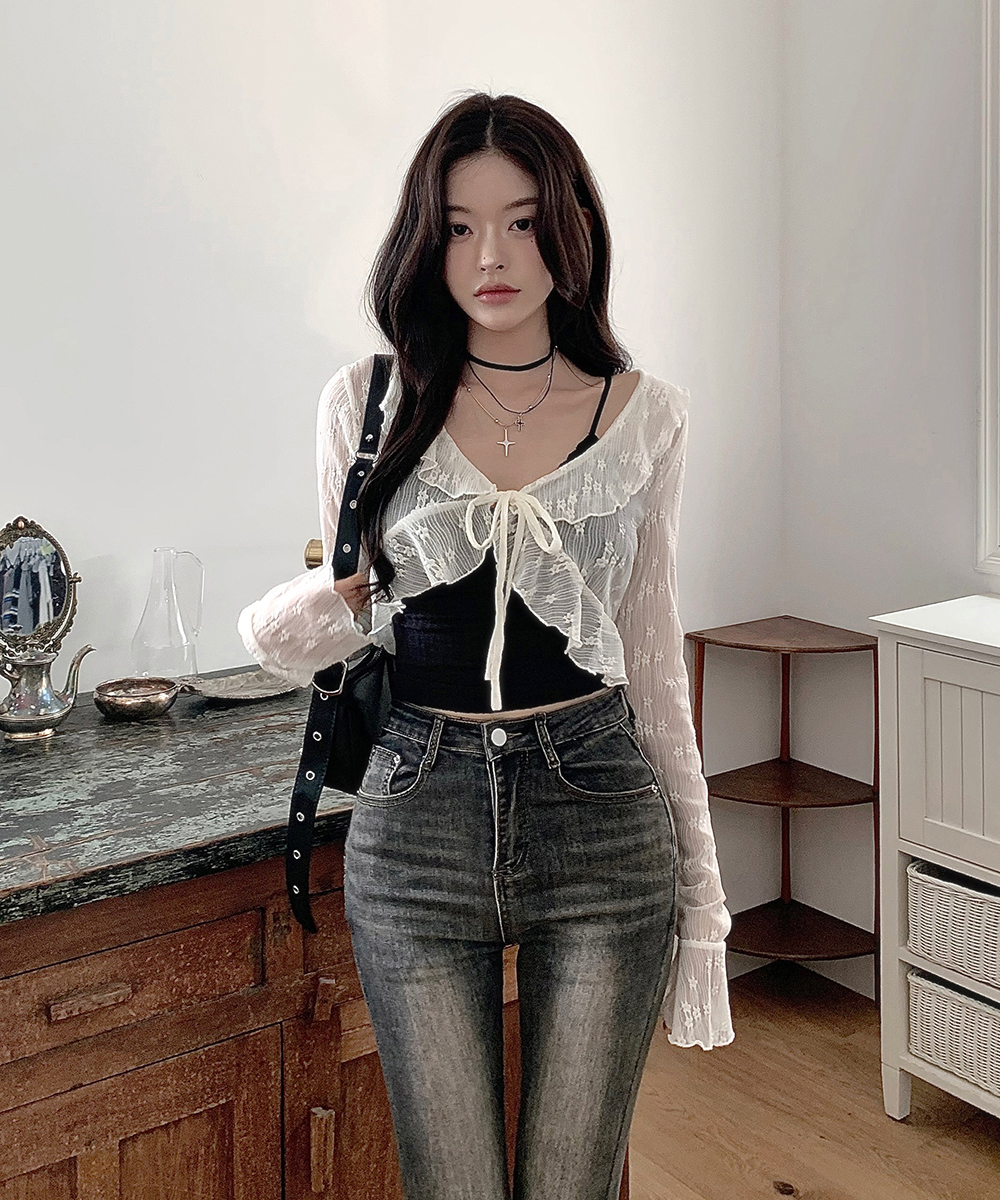Chiffon Embroidery Frillショートカーディガン 新品 LADY LIKE カーディガン 「春夏新作」フロントリボンかぎ編み