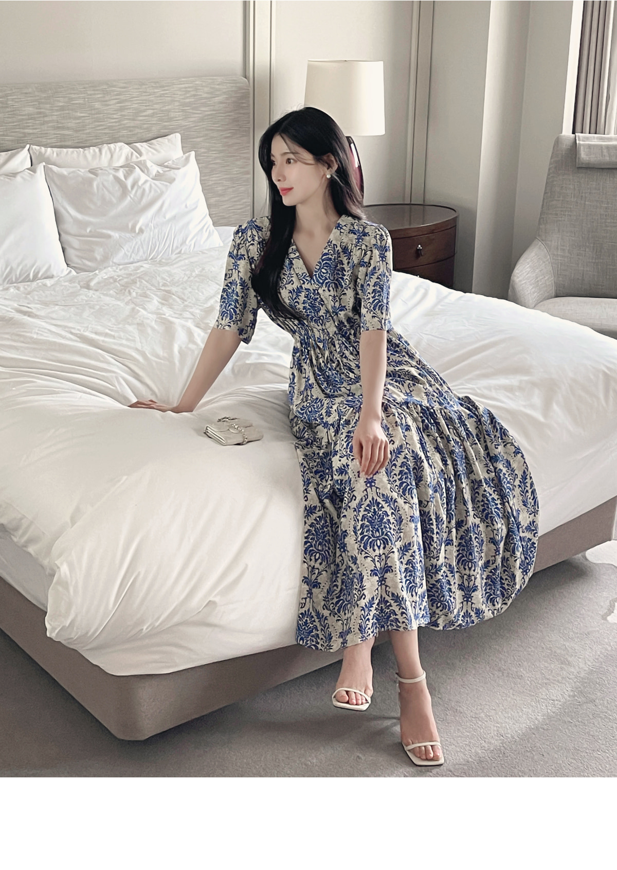 DABUWAWAキュート プリント リボン vネック ロングワンピース 半袖Vネックロングドローストリングプリントワンピース