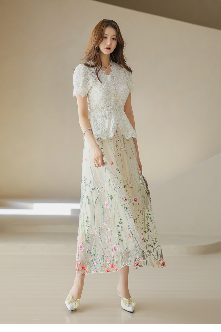 シフォン花柄刺繍フレアスカート | レディースファッション通販