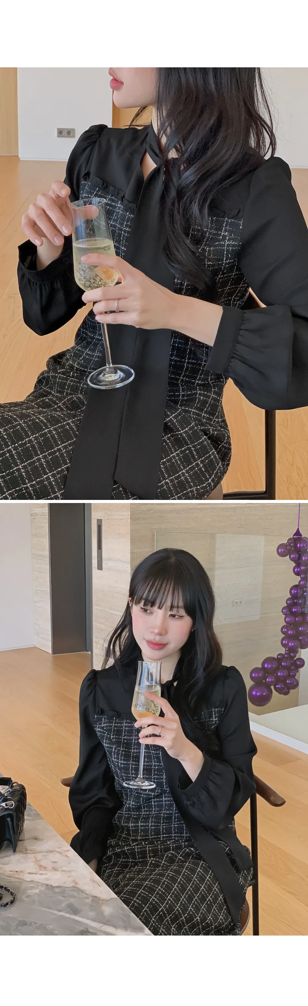 데븐 시스루 배색 타이 트위드 롱원피스