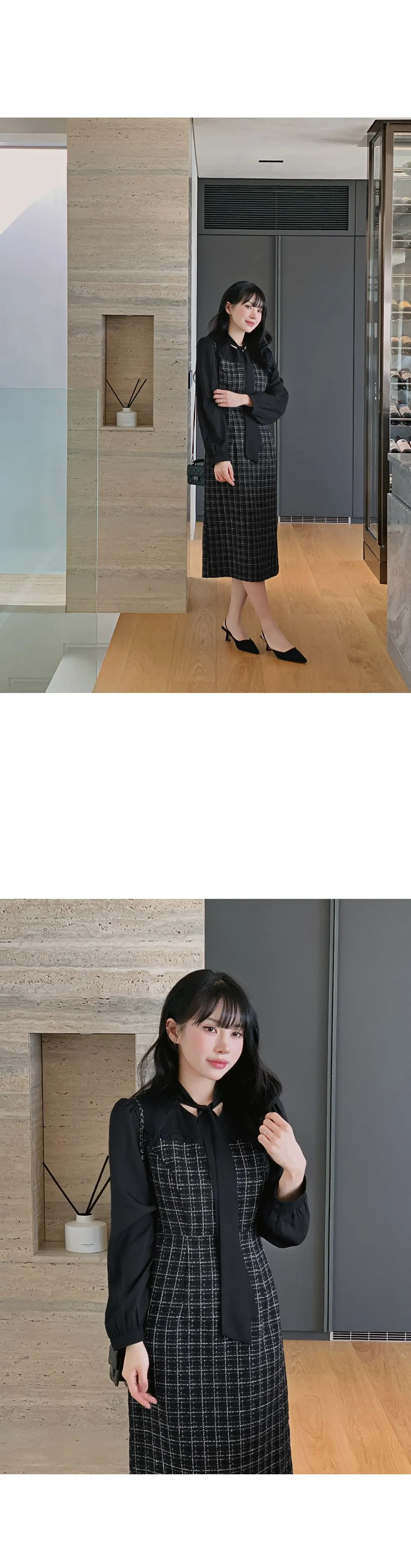 데븐 시스루 배색 타이 트위드 롱원피스