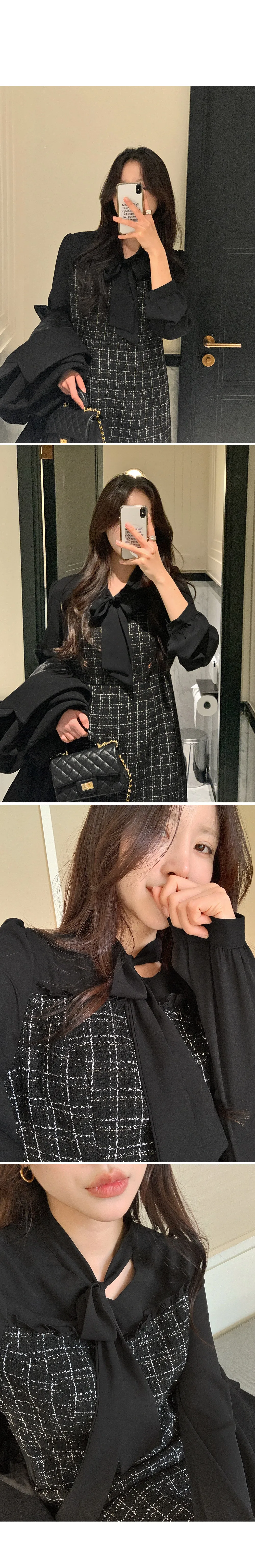 데븐 시스루 배색 타이 트위드 롱원피스