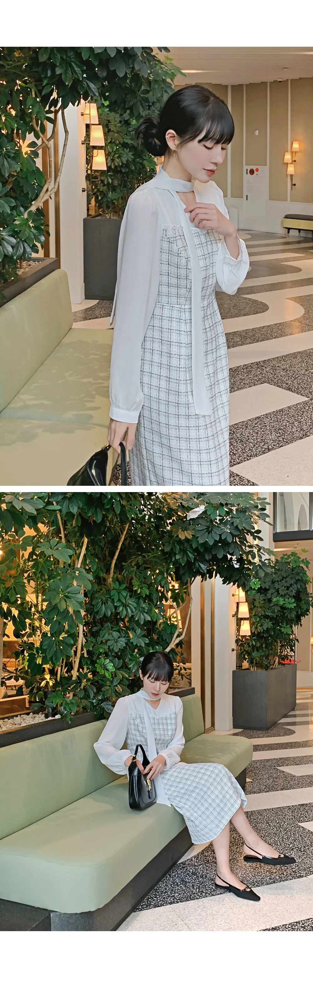 데븐 시스루 배색 타이 트위드 롱원피스