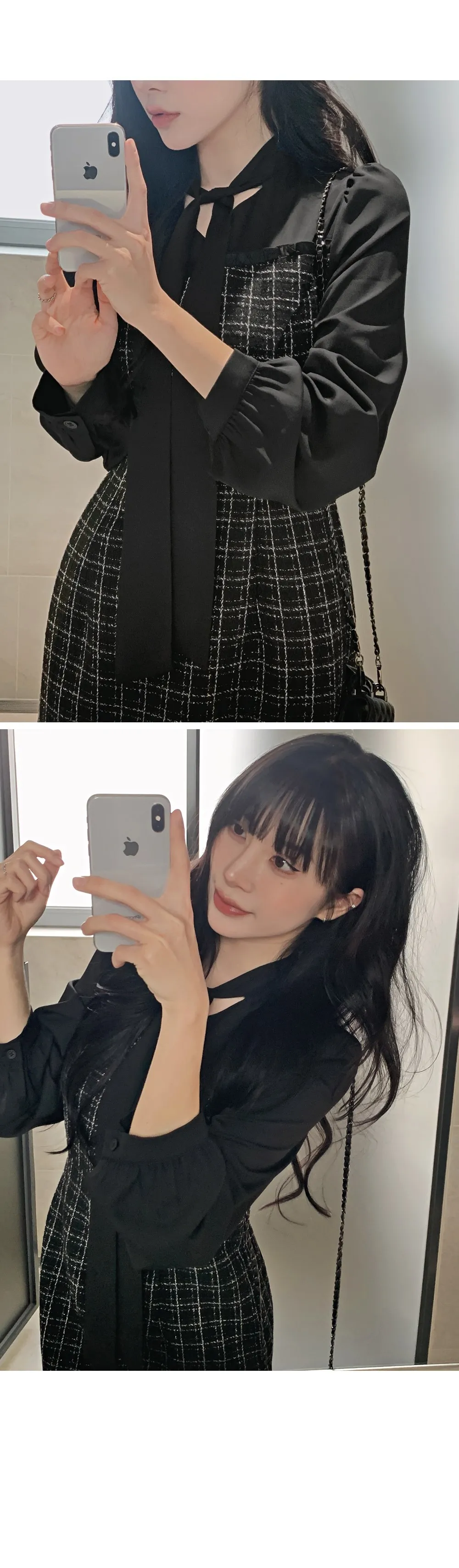 데븐 시스루 배색 타이 트위드 롱원피스