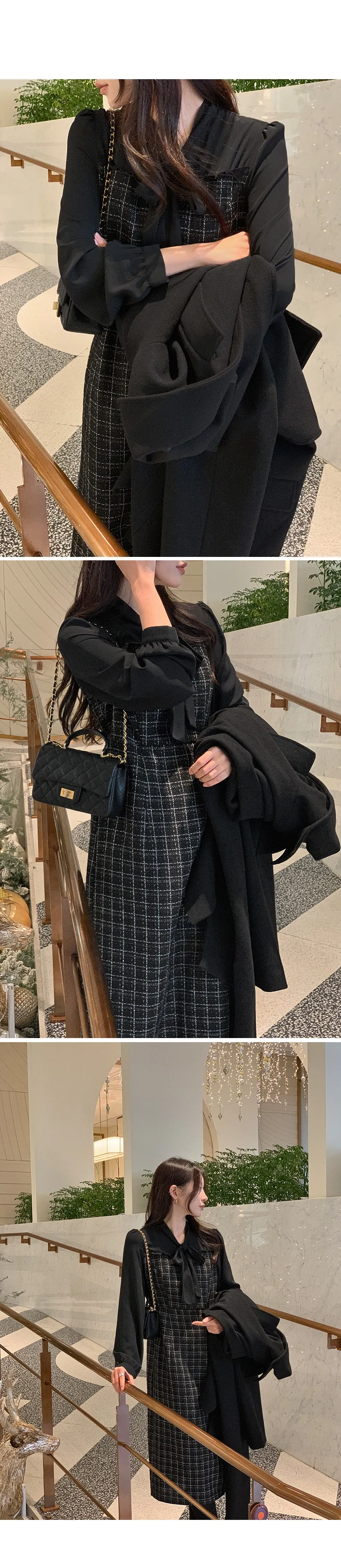 데븐 시스루 배색 타이 트위드 롱원피스