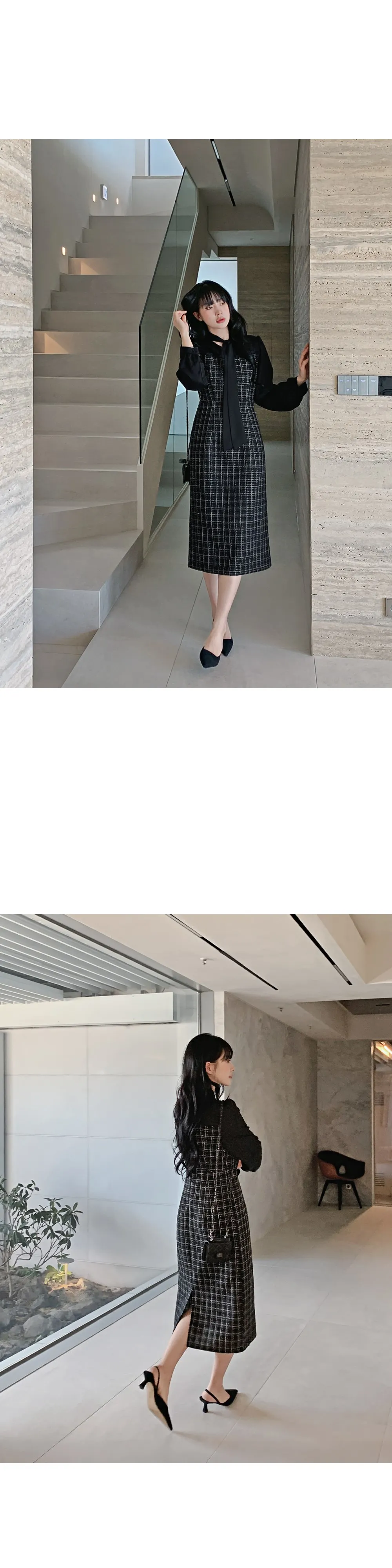 데븐 시스루 배색 타이 트위드 롱원피스