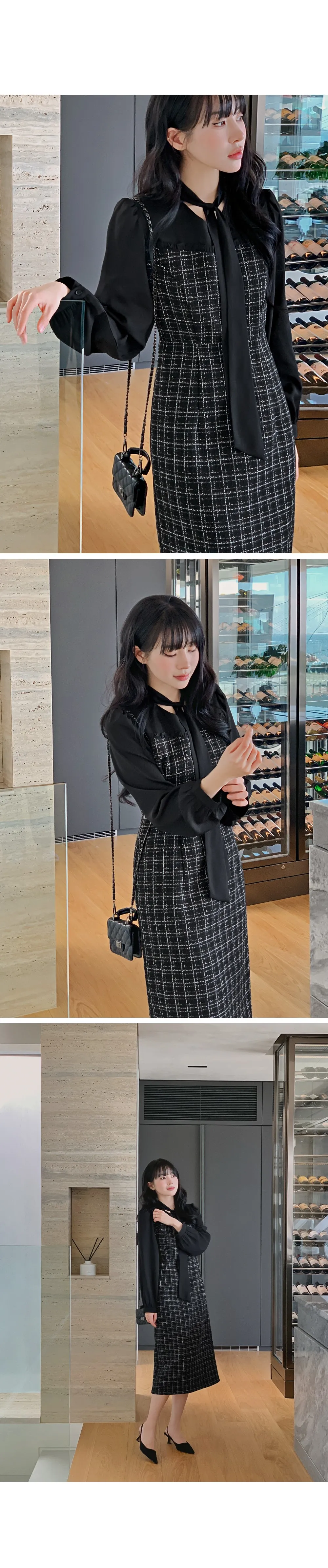 데븐 시스루 배색 타이 트위드 롱원피스