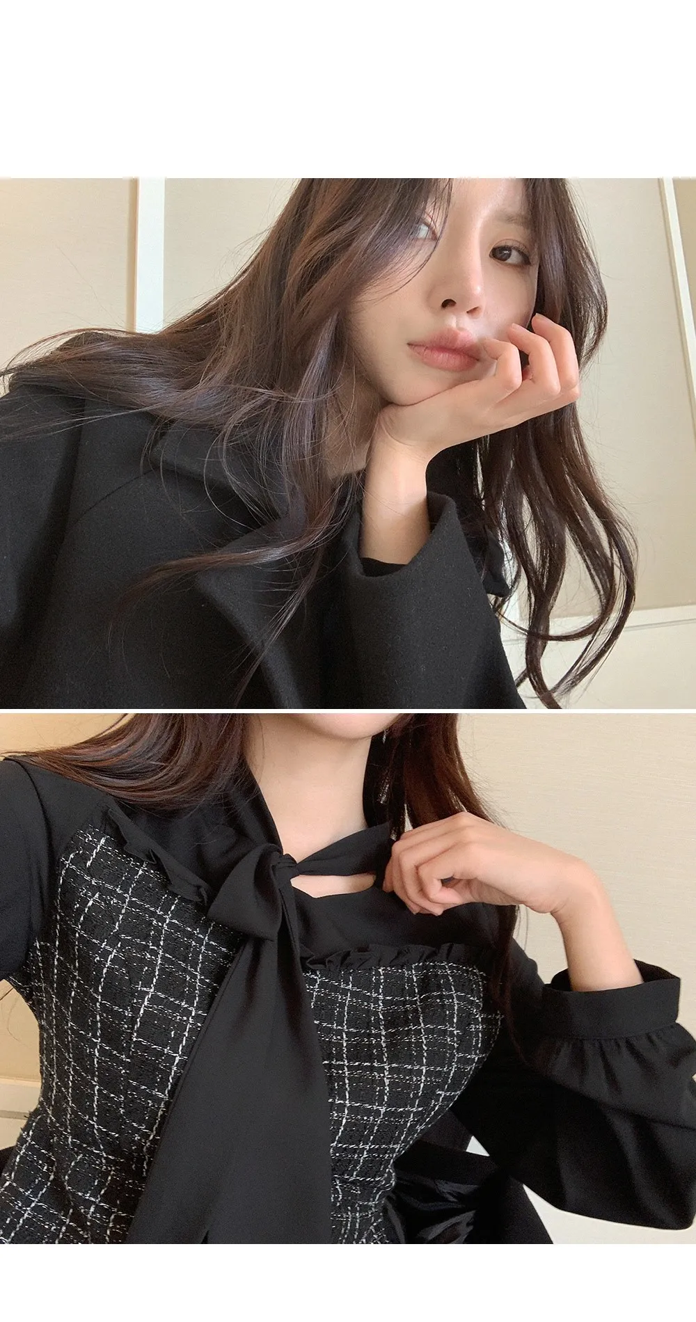 데븐 시스루 배색 타이 트위드 롱원피스