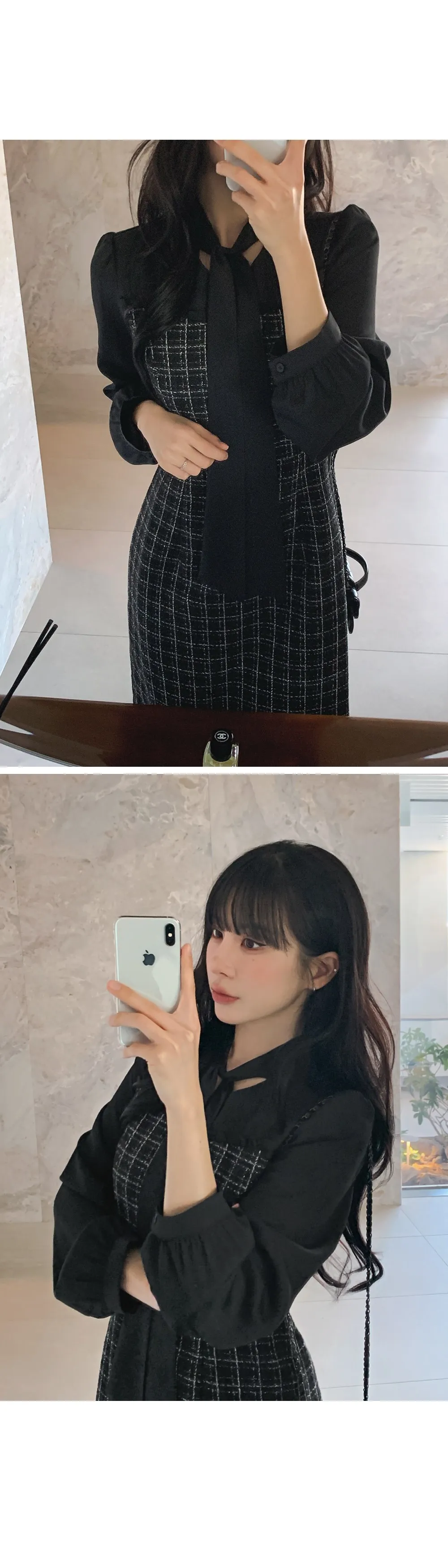 데븐 시스루 배색 타이 트위드 롱원피스