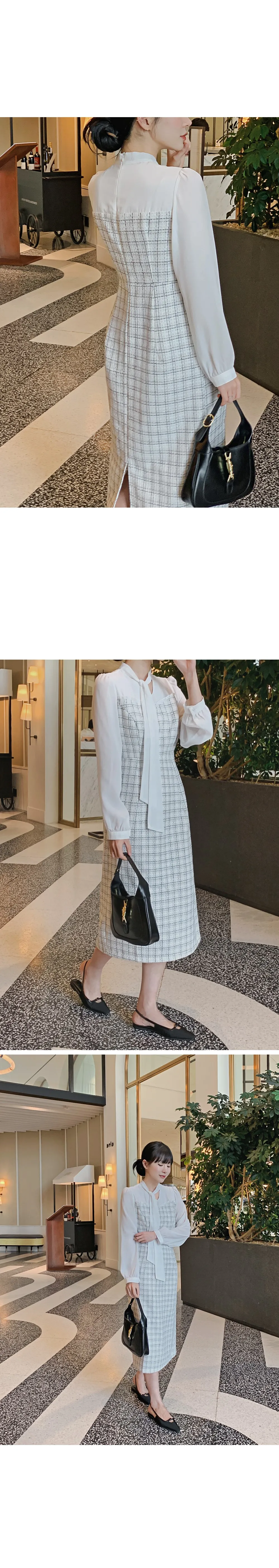 데븐 시스루 배색 타이 트위드 롱원피스