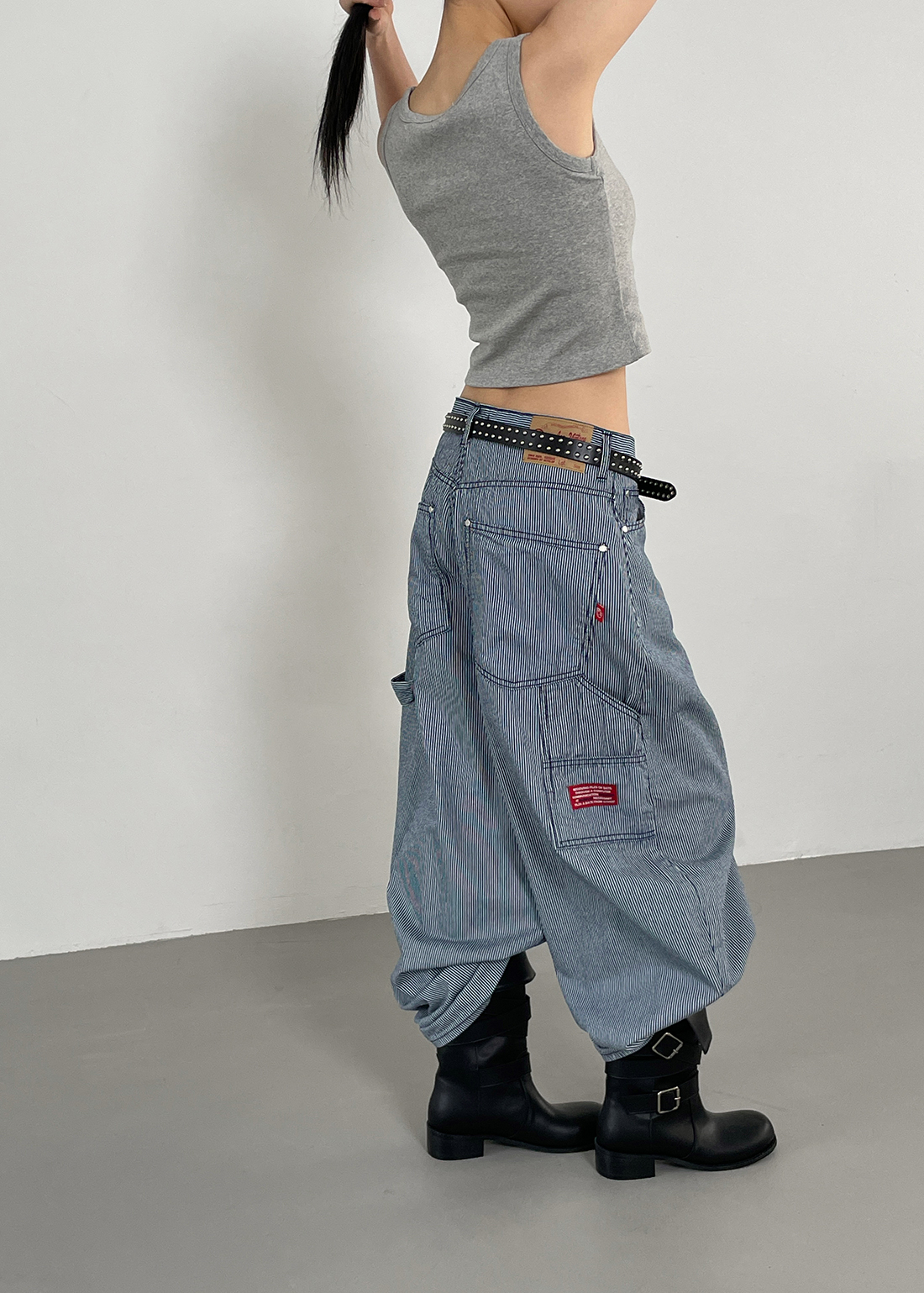 ダークストライプ ワイドパンツ バルーンシルエット 韓国 cr8033 shopnikoniko カーゴパンツ バルーンシルエット イージー ワイド