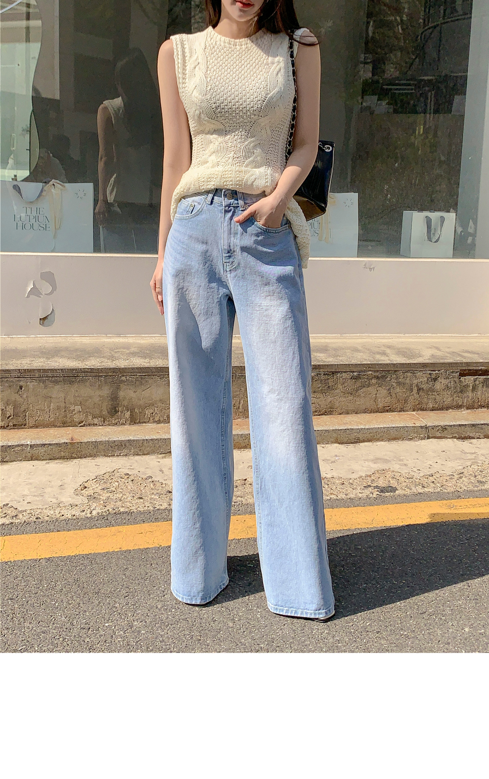 mideal スリットストレートデニム ライトブルー ストレートライトブルーディープブルーデニムパンツ