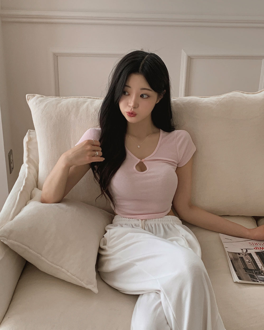 ◆ ◆ スリム クロップド丈 リブ 半袖Tシャツ リブ半袖ラウンドネックスリムクロップドTシャツ | レディース