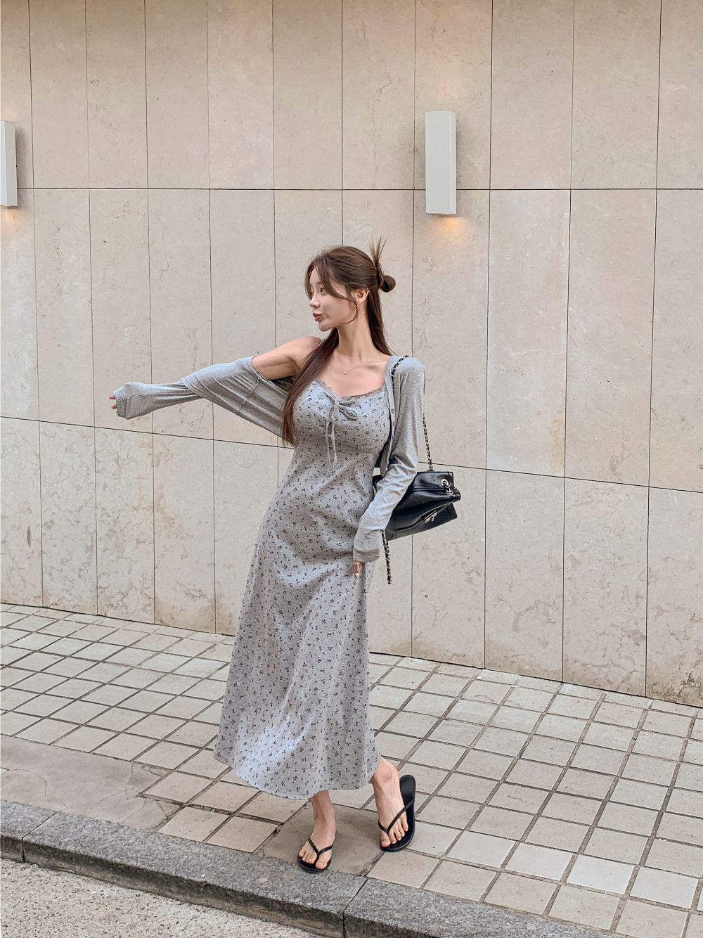 レイヤード花柄カーディガンキャミワンピースアンサンブル