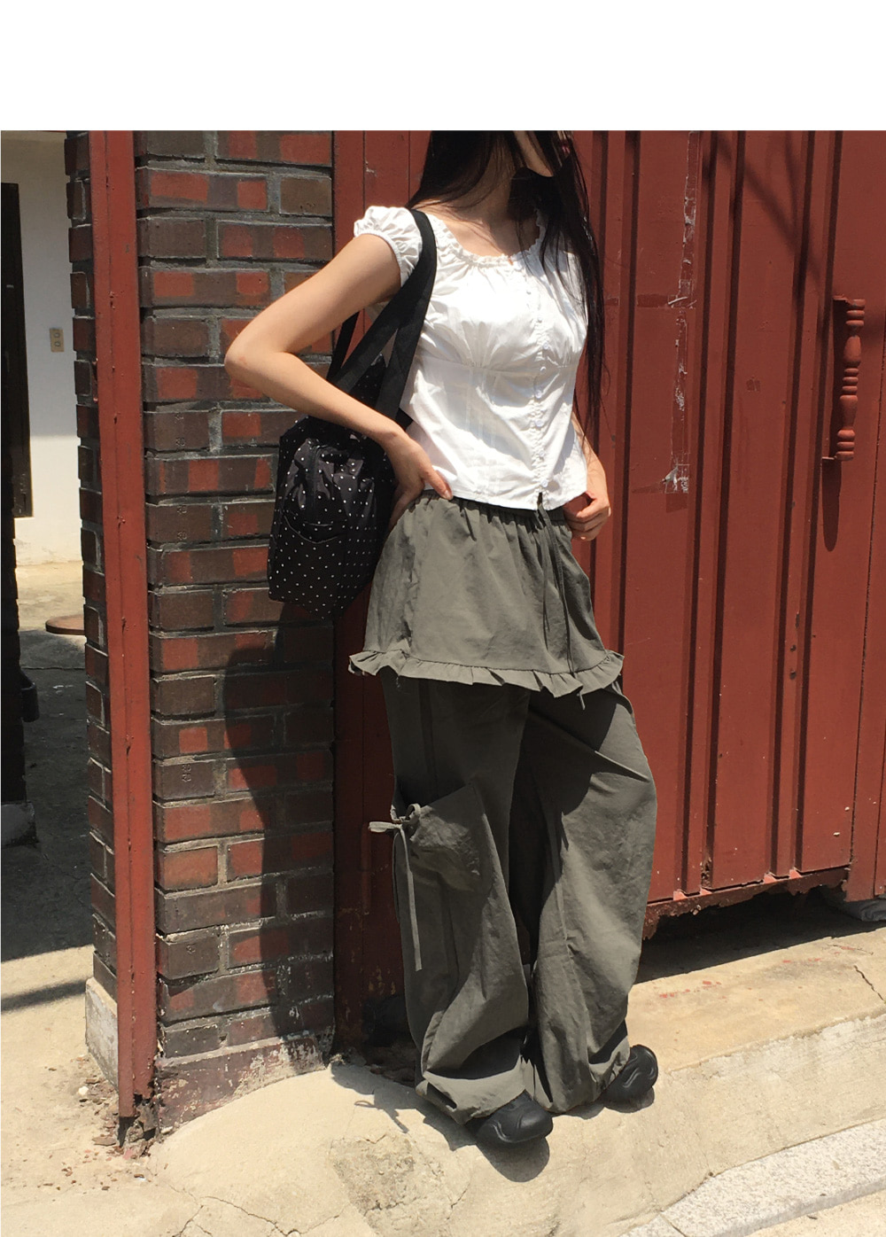 DT♪ PERIODI ドローストリングカーゴパンツ 関税込 レイヤード風ウエストゴムドローストリングワイドカーゴパンツ