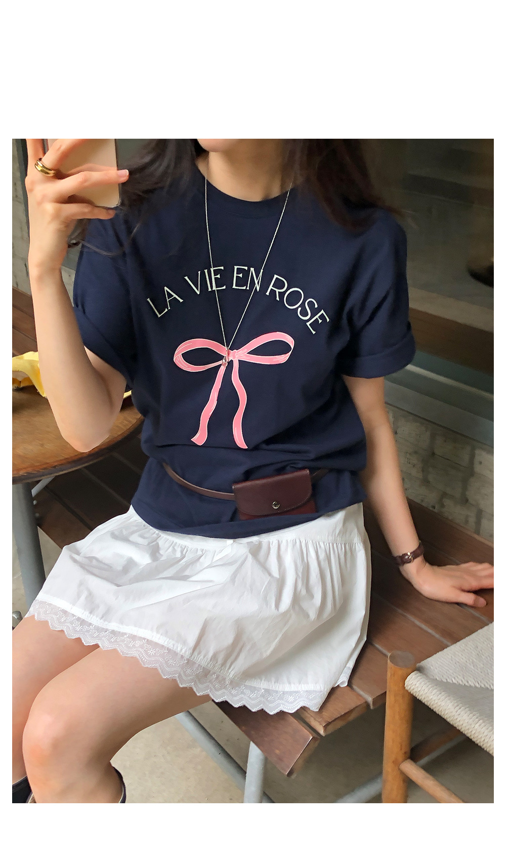 半袖ラウンドネックリボン柄Tシャツ | レディースファッション通販