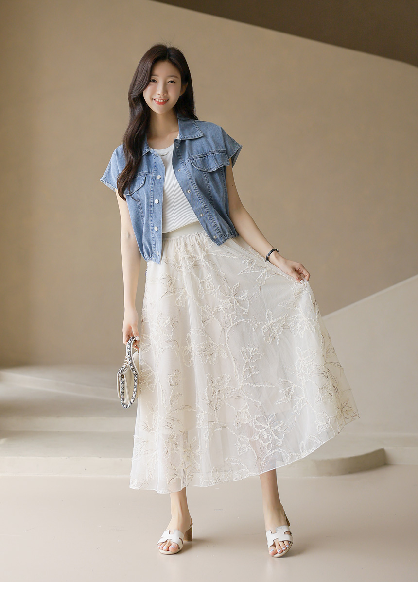 MilaOwen 花柄刺繍チュールレイヤードストレートスカート MilaOwen 花