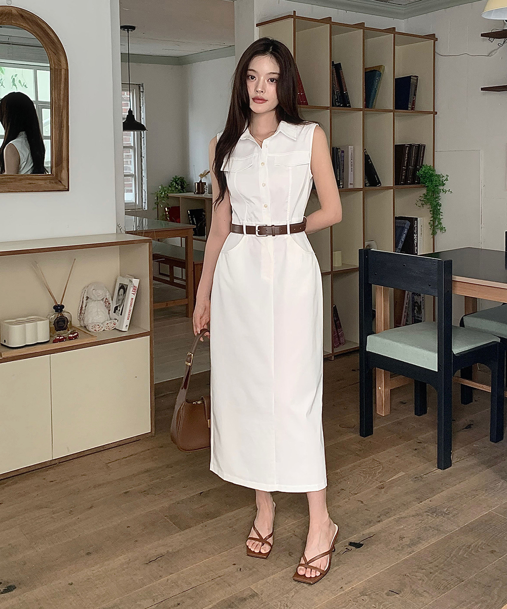 ★ChicLine★ ダモエ シャツピンタックプリーツベルトワンピース カラーボタンロング無地ベルトシャツワンピース | レディース