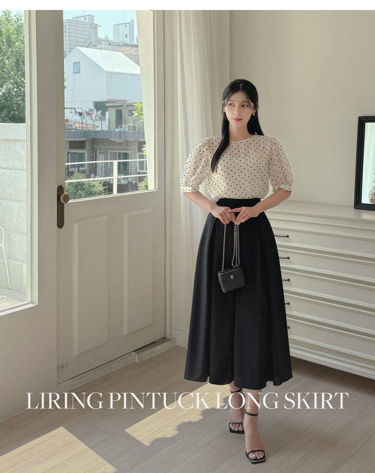 ツーピース パフ袖トップス グラフィック フレアスカート ロング 光沢ドットシアーフレアスカート/日本製(ロング・マキシ丈